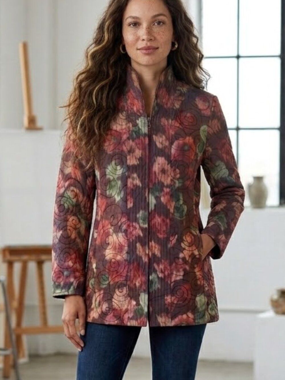 August Max silk blend embroidered swirl hook button long sleeve jacket, L/XL